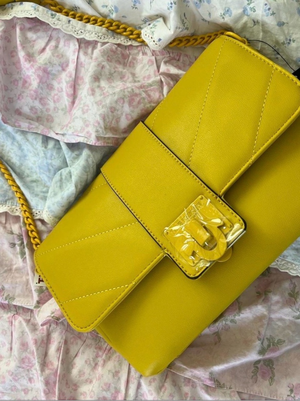 True Religion Yellow Quilted Shoulder Bag with Chain Strap